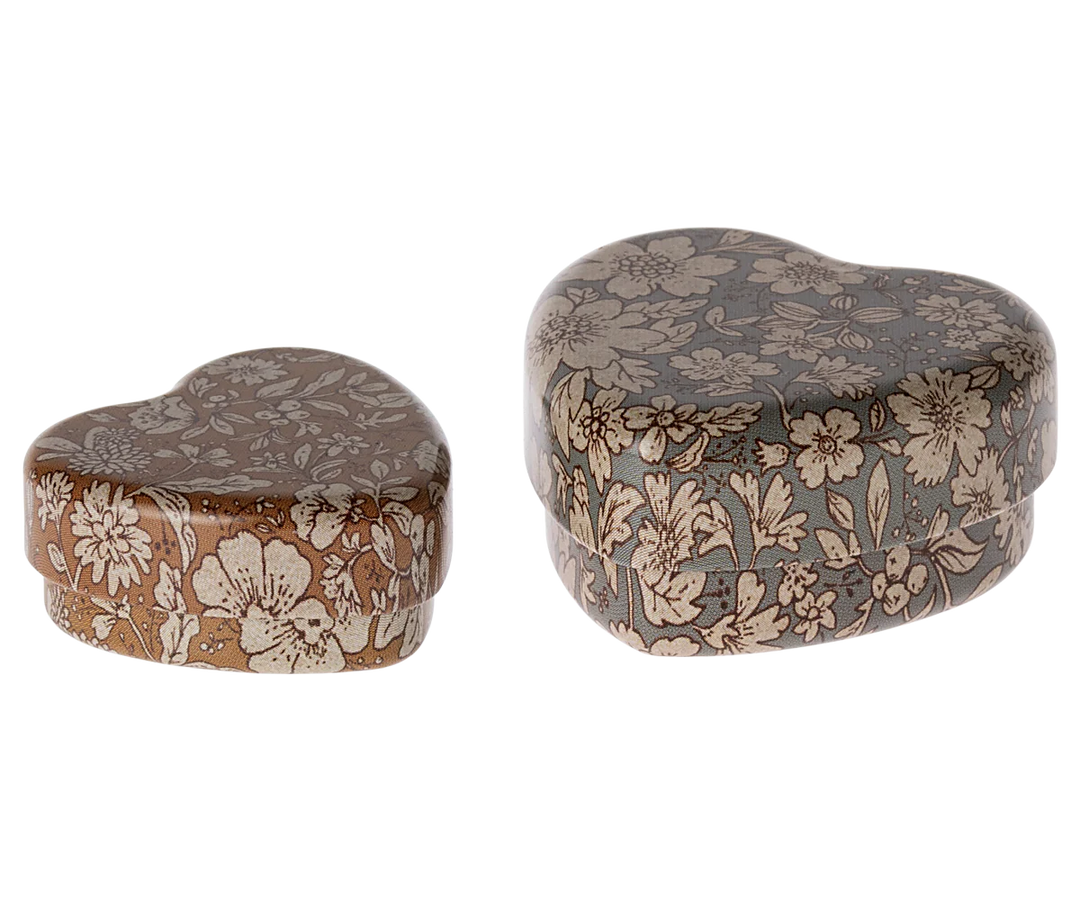 Metal Heart Box | Blue and Ocher Blossom | Set of 2