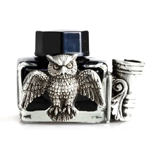 Pewter Owl Glass Inkwell with Pen Holder | Black Calligraphy Ink