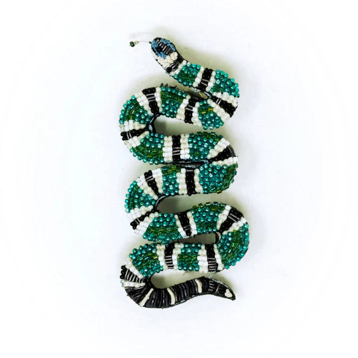 Green Banded Snake Hand-Embroidered Brooch Pin