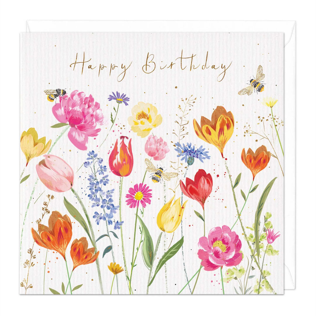 Bees and Pink Cosmos Birthday | Greeting Card*
