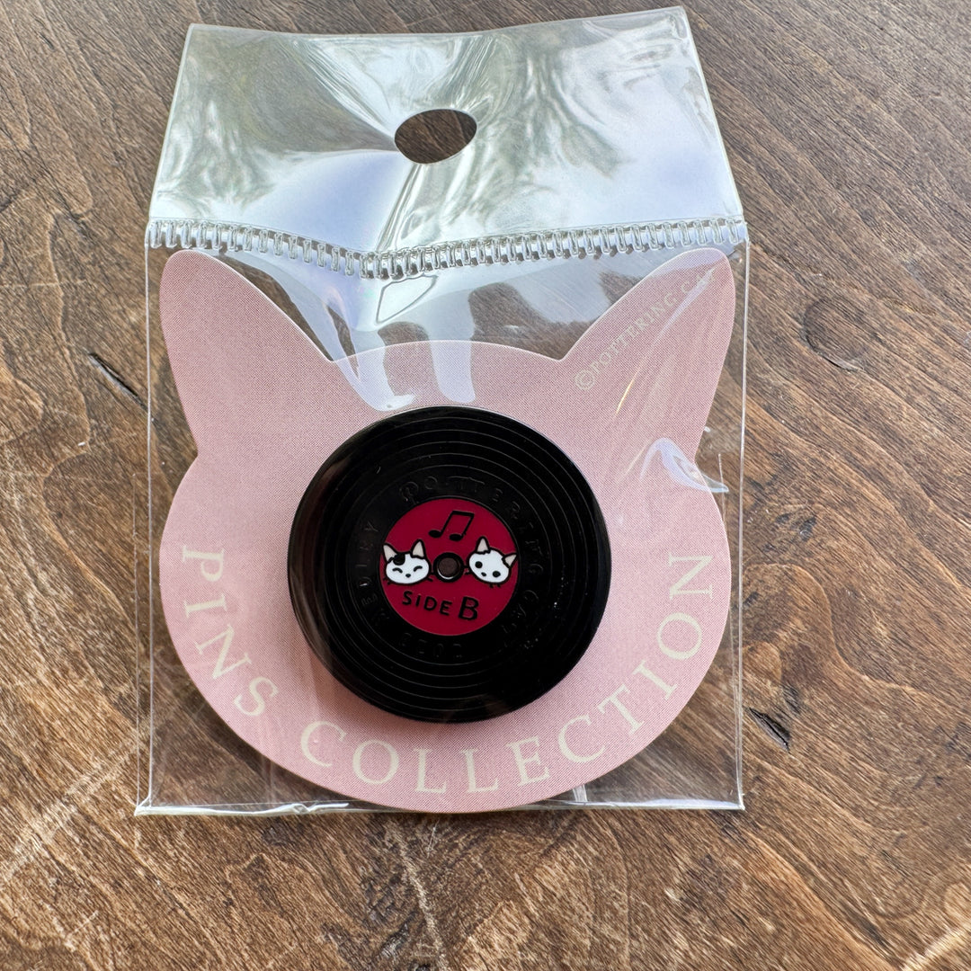 Red Vinyl Disk Cat Enamel Pin