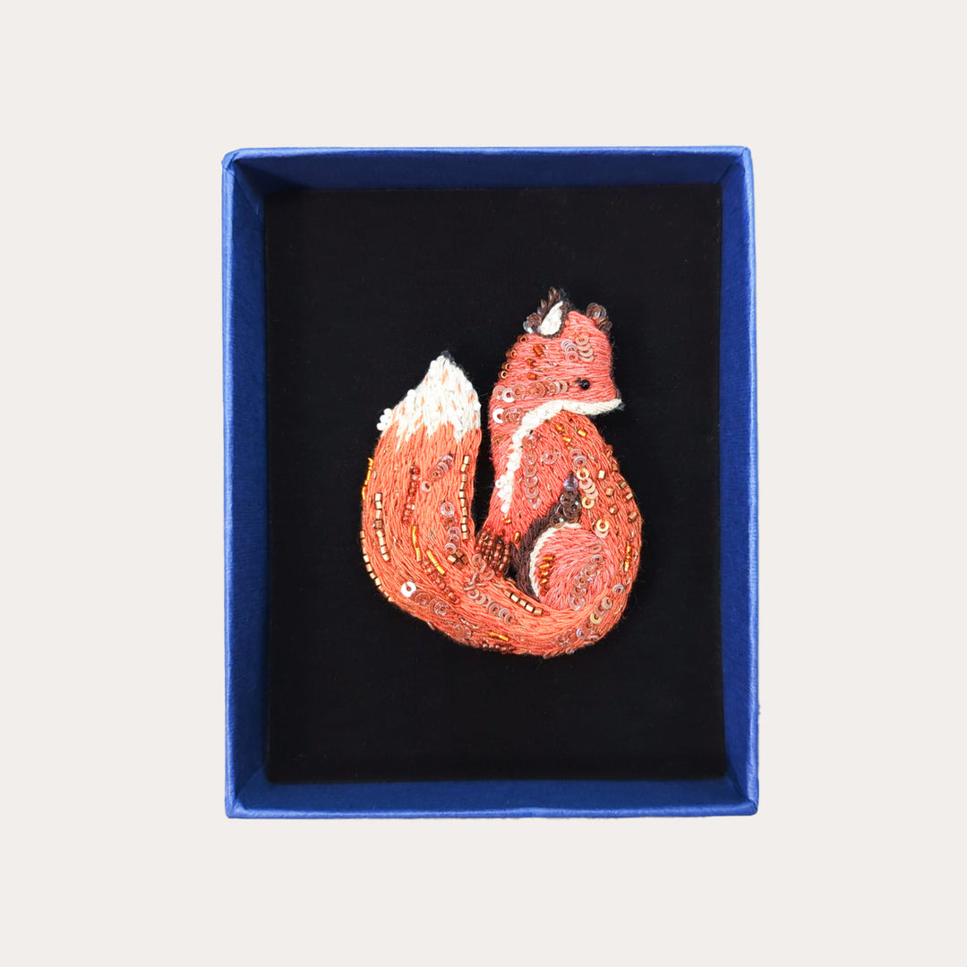 Red Fox Hand-Embroidered Brooch Pin
