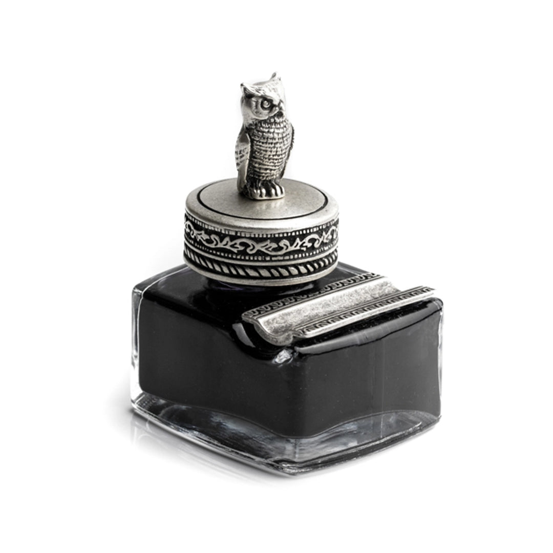 Pewter Owl Glass Inkwell with Pen Rest | Black Calligraphy Ink
