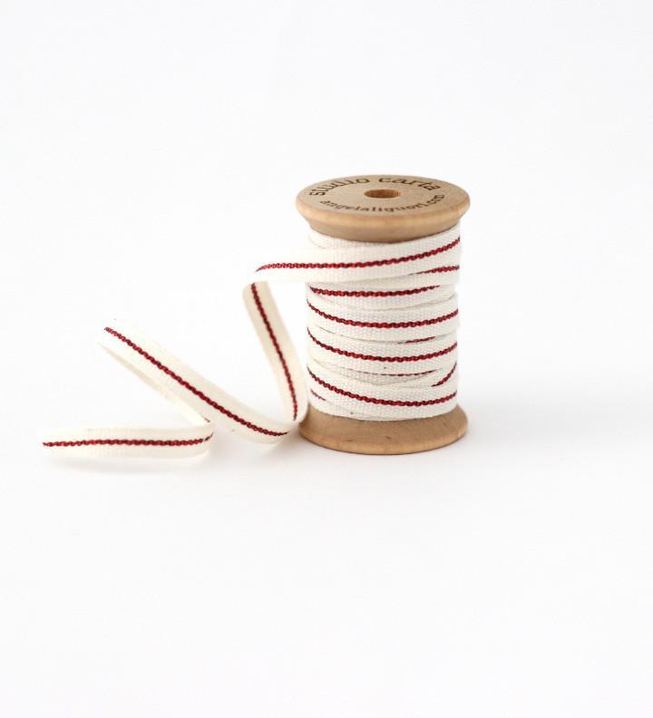 Metallic Line Wood Spool 1/4" Ribbon | Natural with Red Line