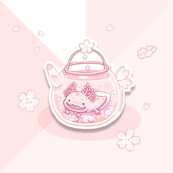 Cherry Blossom Axolotl Tea | Transparent Vinyl Sticker