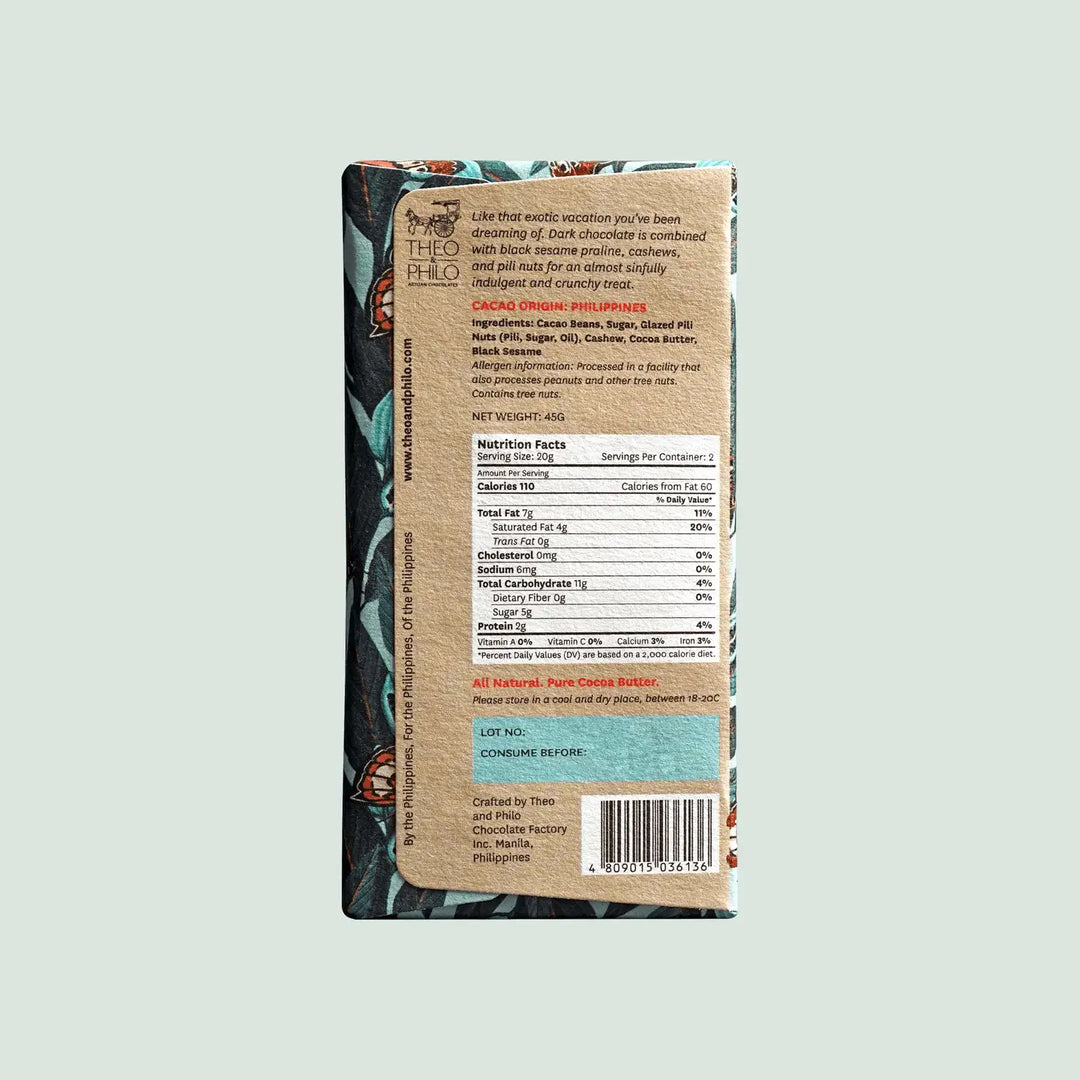 Theo & Philo 65% Dark Chocolate Bar with Black Sesame and Nuts