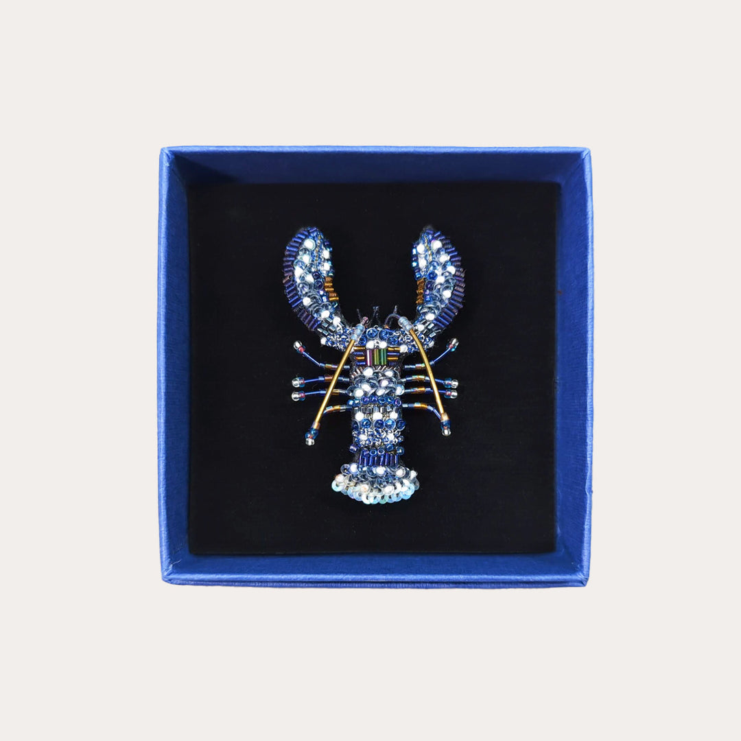 Blue Lobster Hand-Embroidered Brooch Pin