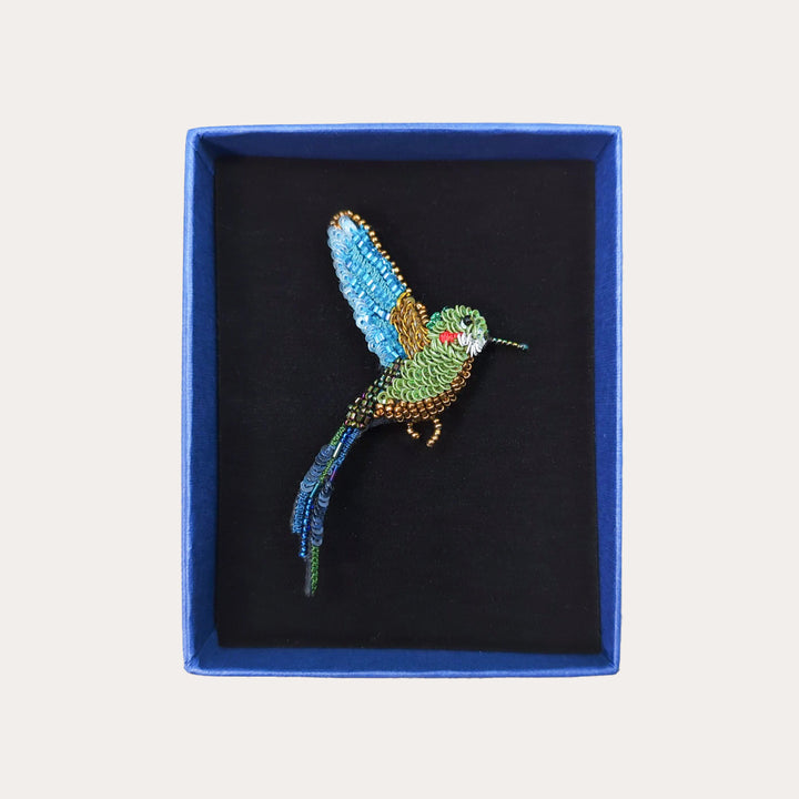 Tropical Hummingbird Hand-Embroidered Brooch Pin