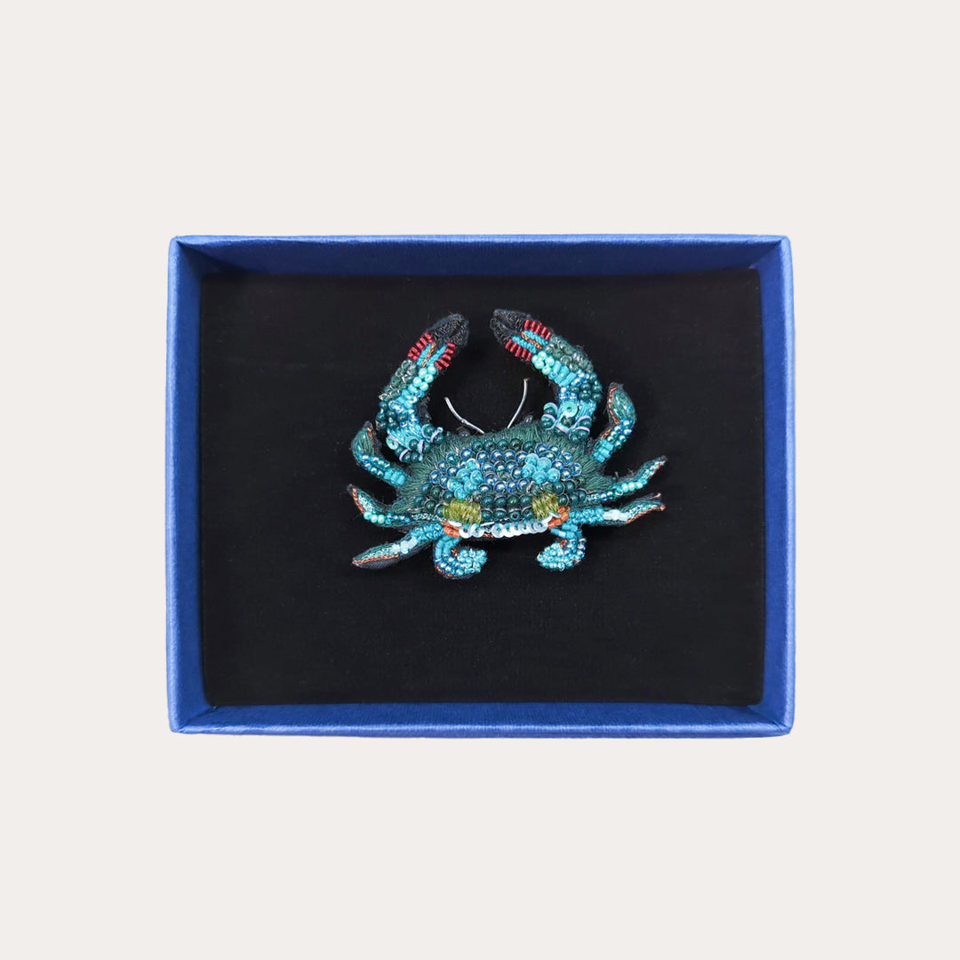 Jimmy Blue Crab Hand-Embroidered Brooch Pin