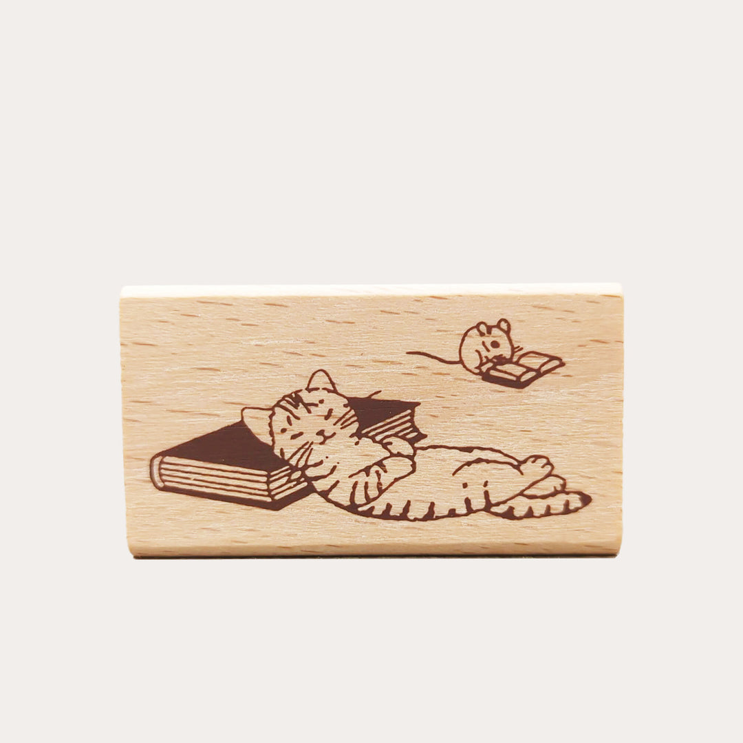 Reading Cat Wooden Stamp