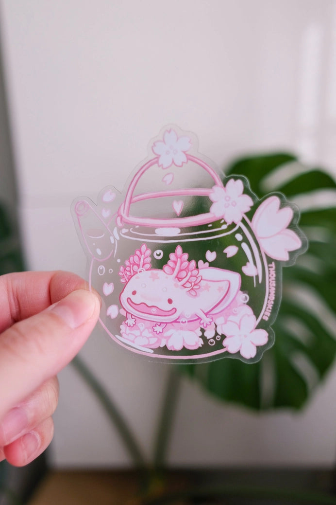 Cherry Blossom Axolotl Tea | Transparent Vinyl Sticker