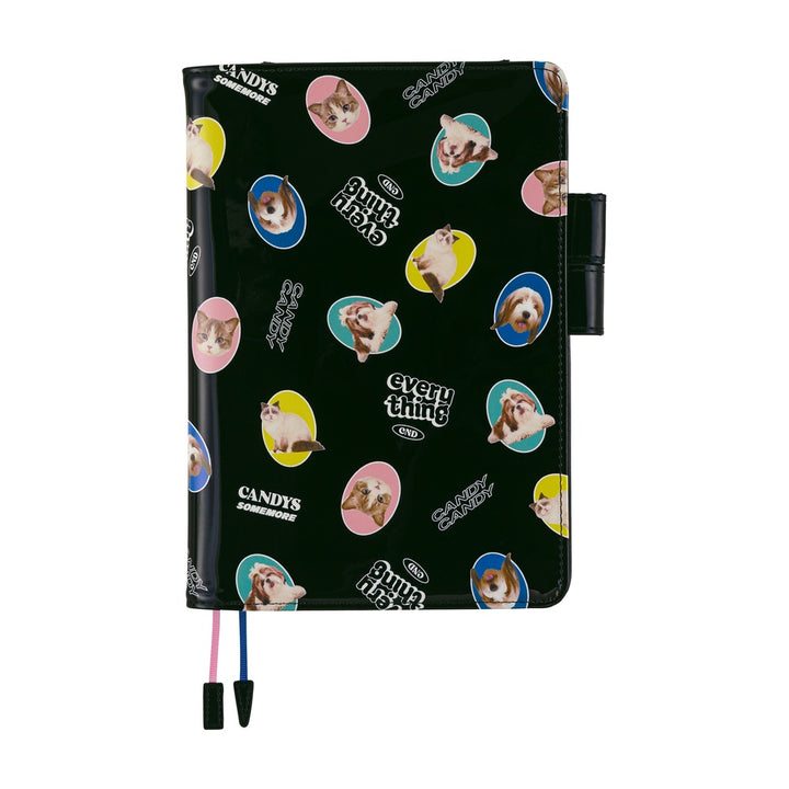 Hobonichi Techo A5 Cousin Cover with Planner | Candy Stripper: Random Dog & Cat (Black) | English Mon Start