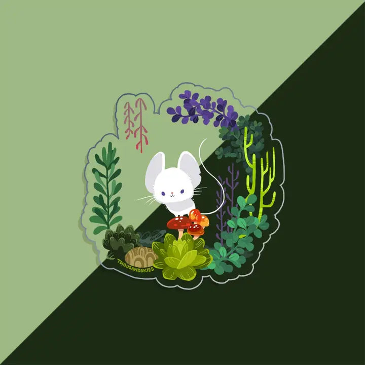 Little Mouse & Succulent Wreath | Transparent Vinyl Sticker