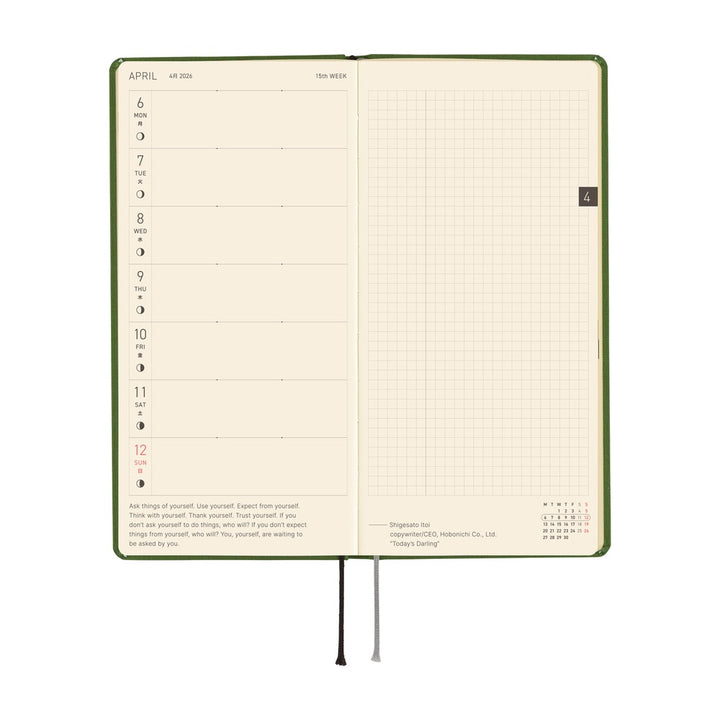 Hobonichi Techo 2026 APRIL Start Weeks Planner | Colors: Antique Green | Japanese
