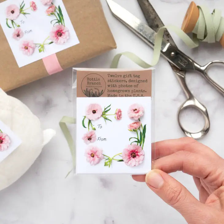 Pink Flowers | 12 Sticky Gift Tags