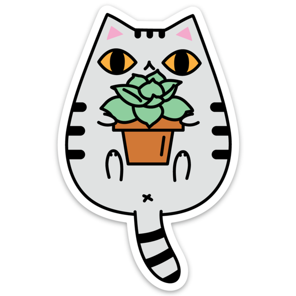 Gray Tabby Cat and Succulent Plant | Vinyl Sticker