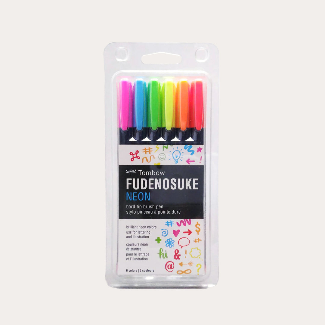Fudenosuke Neon Brush Pen Set | 6 Colors | Hard Tip *