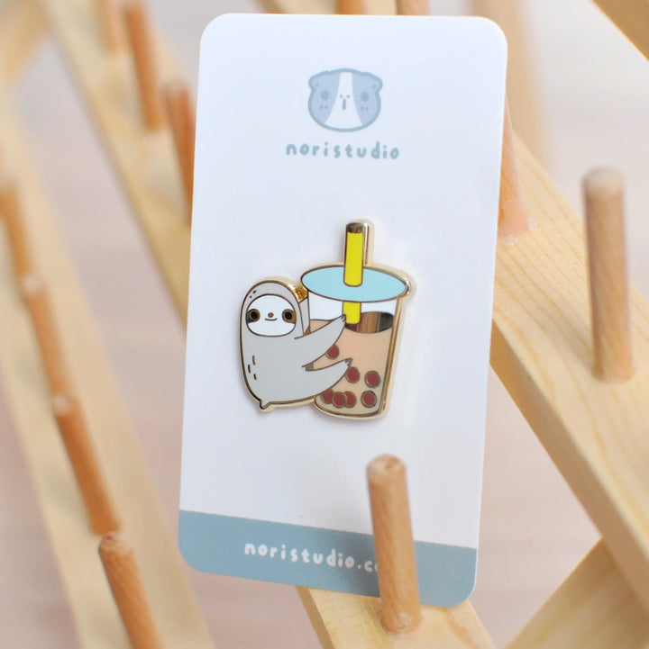 Sloth Loves Bubble Tea Enamel Pin